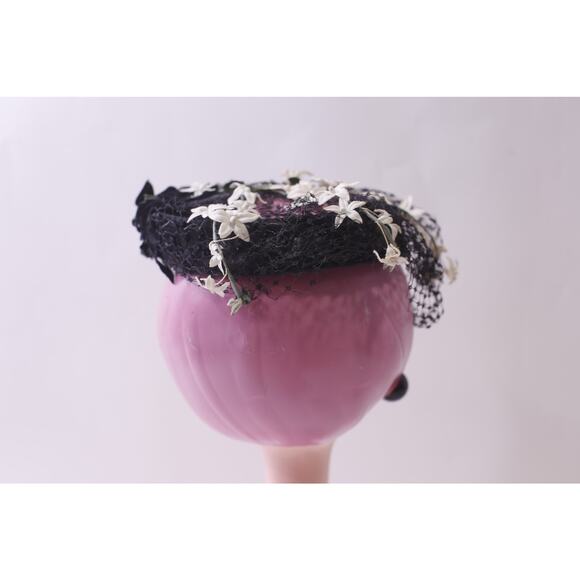 Black Fascinator, Fancy Hat with Veil and White Flowers, Elegant ~ 251124-WH 860 - Picture 3 of 4